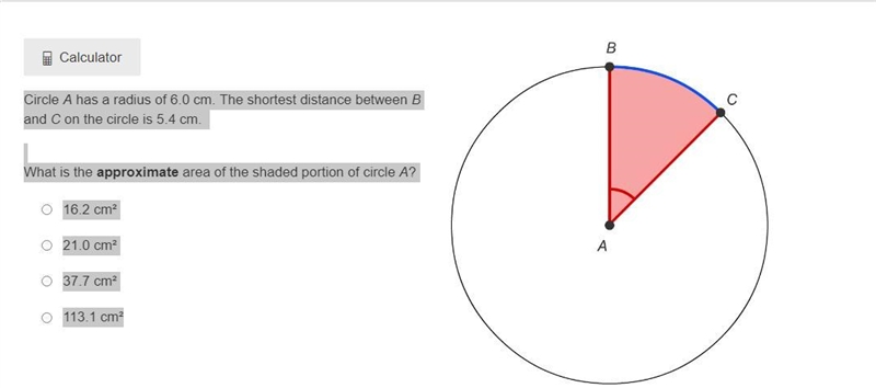 Circle A has a radius of 6.0 cm. The shortest distance between B and C on the circle-example-1