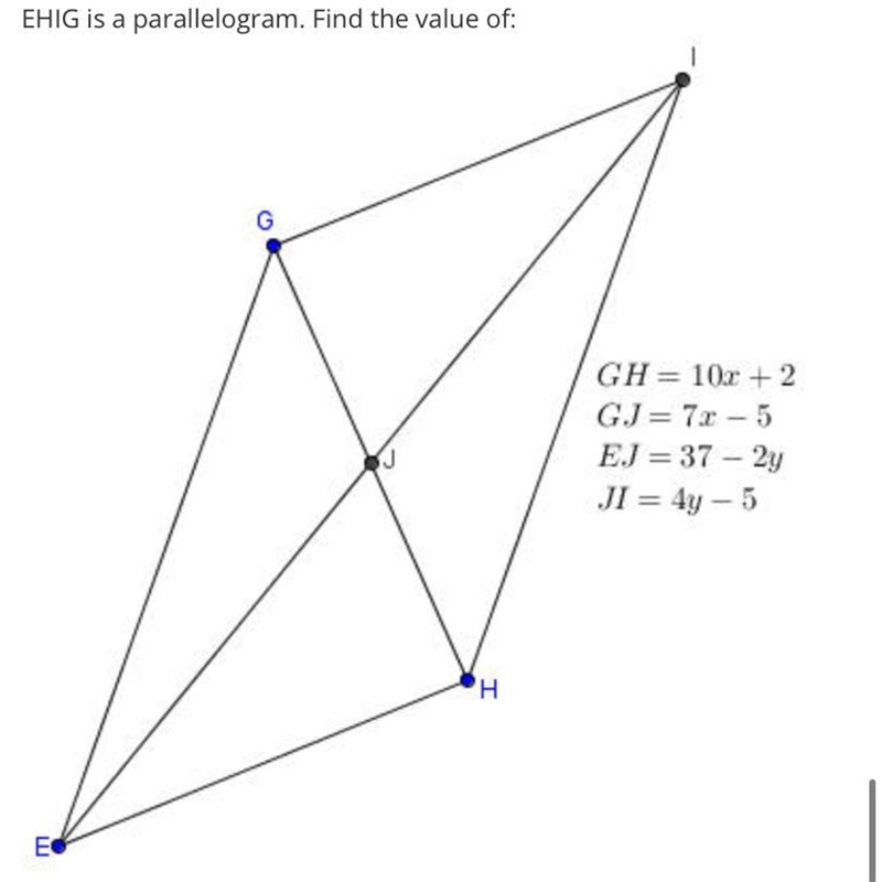 EHIG is a parallelogram. Find the value of:GH= 10x + 2GJ= 7.2 - 5EJ = 37 - 2yJI = 4y-example-1