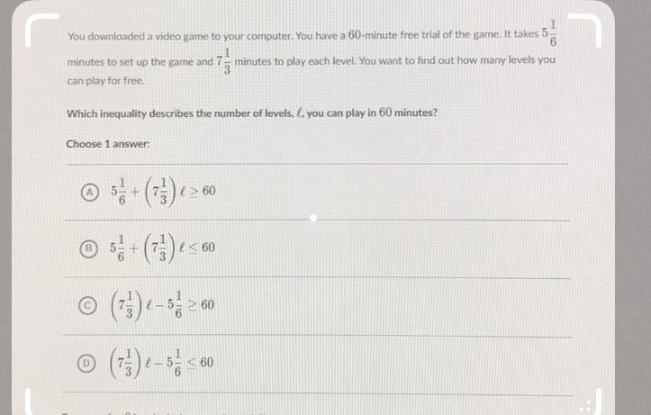 Which inequality describes the number of levels you can play in 60 minutes?-example-1