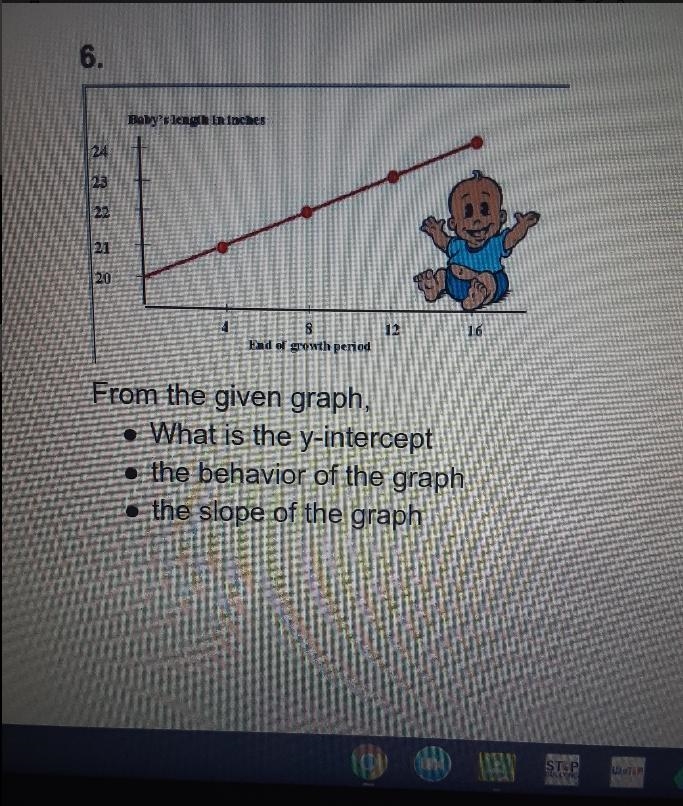 6. Babys length in inches 24 22 21 20 12 16 8 End of gowth period From the given graph-example-1