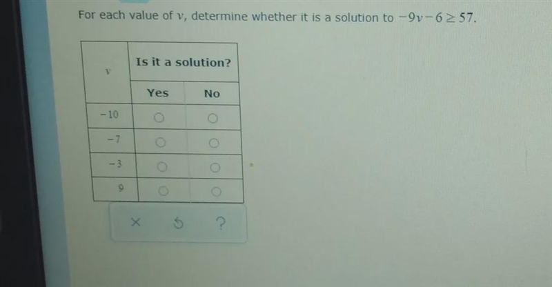 For each value of v, determine whether it is a solution to the problem below-example-1