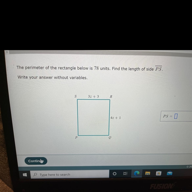 The perimeter of the rectangle blow is 70 units find the length of side PS-example-1