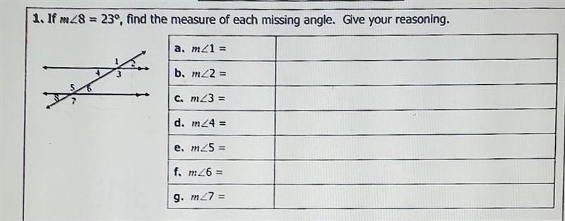 if angle 8 equals 23 degrees find the measure of each missing angle give your reasoning-example-1