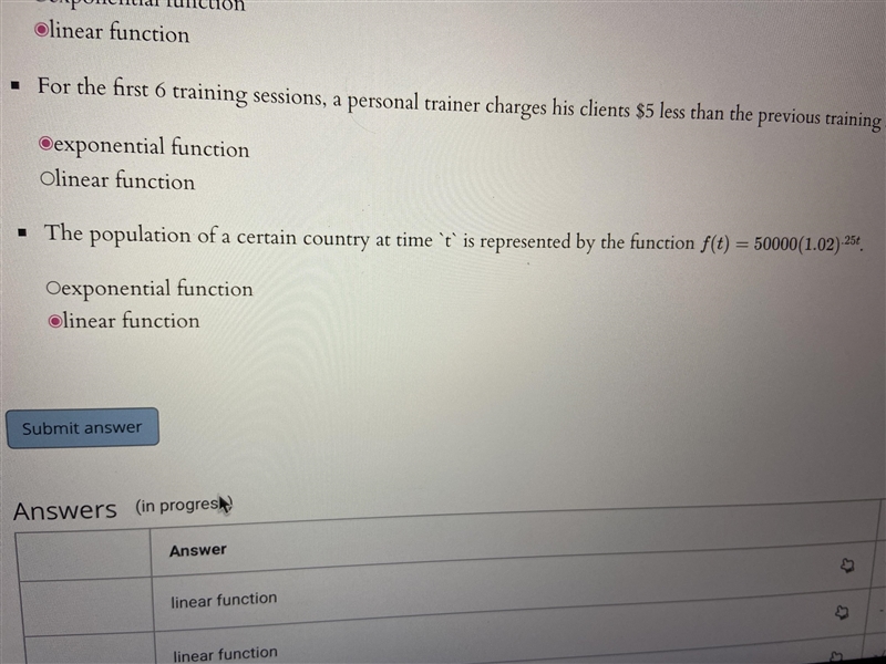 Determine whether the following statements represent an exponential function or a-example-1