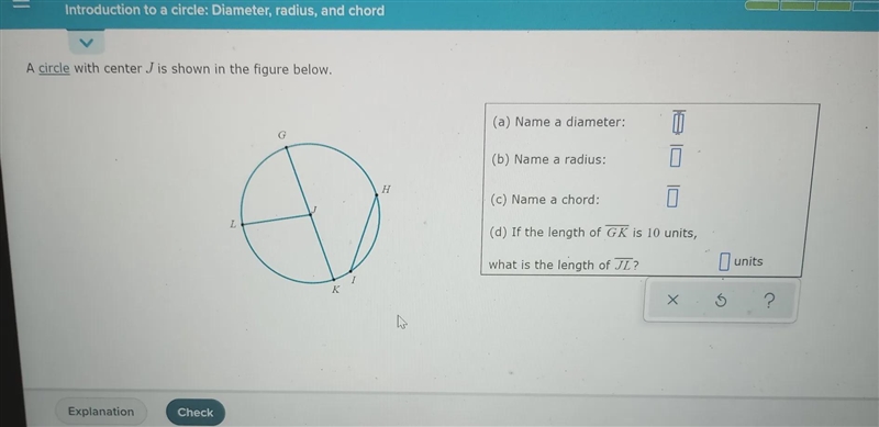 Introduction to a circle: Diameter, radius, and chord A circle with center J is shown-example-1