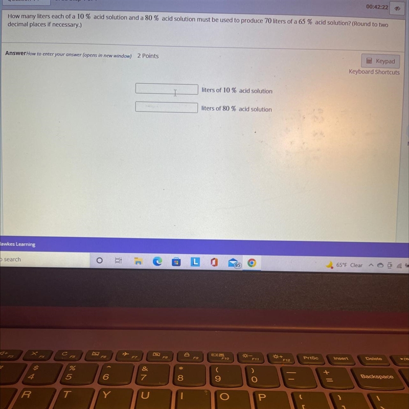 How many liters each of 10% acid solution and a 80%-example-1