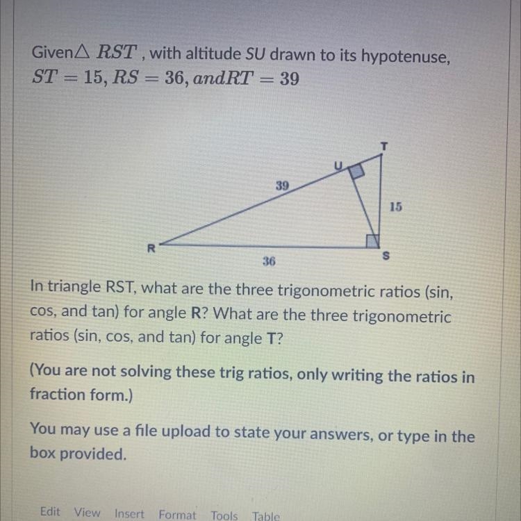 Given A RST , with altitude SU drawn to its hypotenuse,ST = 15, RS = 36, andRT = 39-example-1