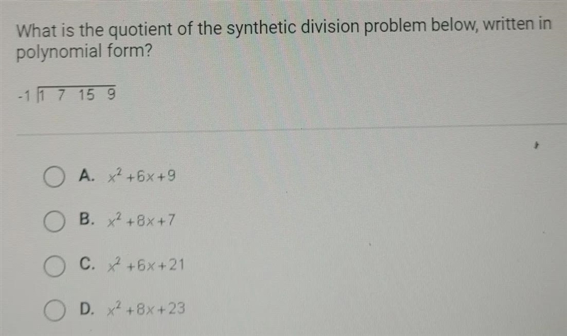 What is the quotient of the synthetic division problem below, written in polynomial-example-1