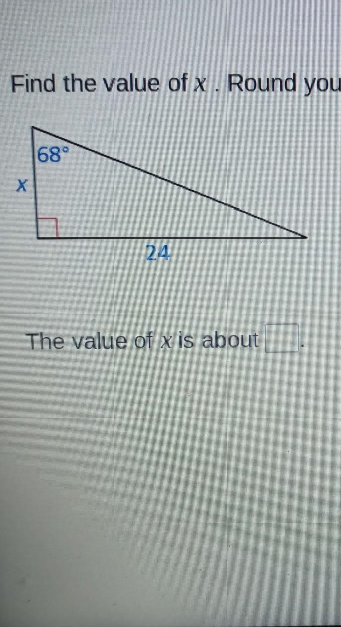 Find the value of x. Round your answer to the nearest tenth. The value of x is about-example-1