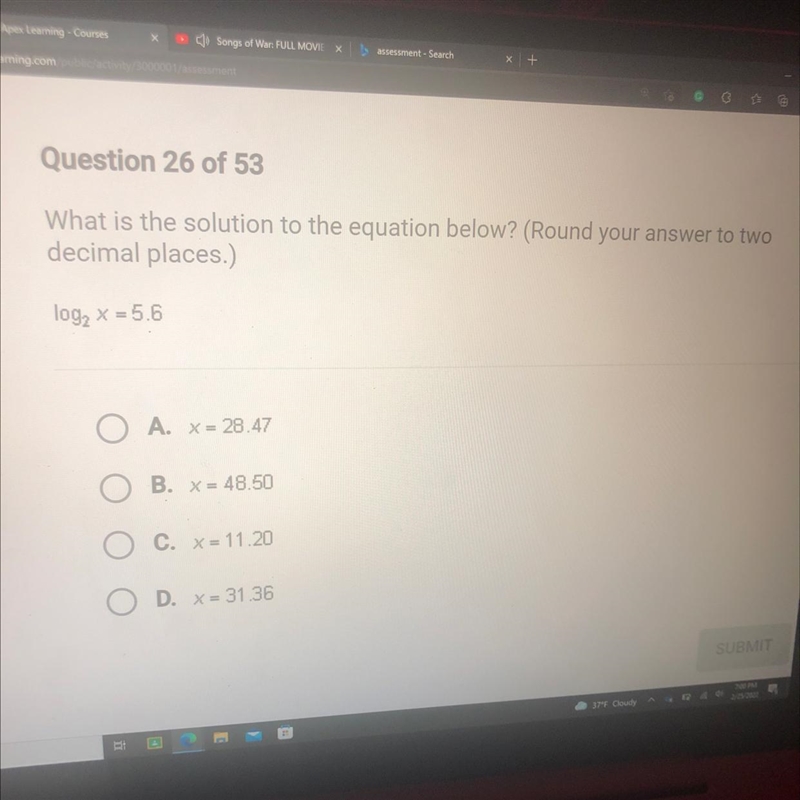 What is the solution to the equation below? (Round your answer to twodecimal places-example-1