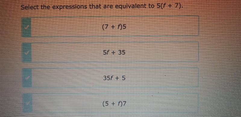 Select all the expressions that equivalent to 5(f + 7)-example-1