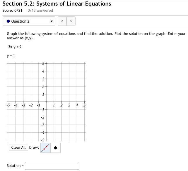 2. -3x-y = 2y = 112345-1-2-3-4-512345-1-2-3-4-5Clear All Draw: LineDotSolution =-example-1