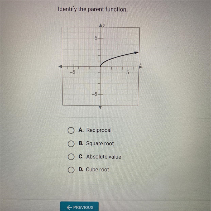 Identify the parent function. • A. Reciprocal • B. Square root • C. Absolute value-example-1