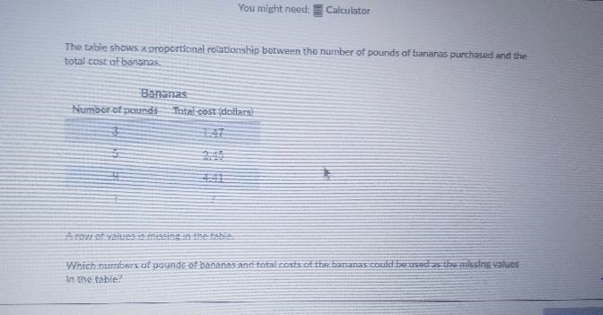 which numbers of the pounds of bananas and total cost of the bananas could be used-example-1