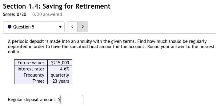 5. A periodic deposit is made into an annuity with the given terms. Find how much-example-1