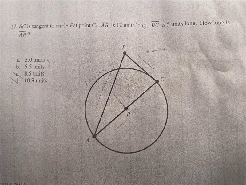 BC is tangent to circle P at point C. AB is 12 units long. BC is 5 units long. How-example-1