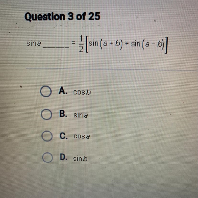 Sin a_____=1/2 [sin (a + b) + sin (a - b)]-example-1