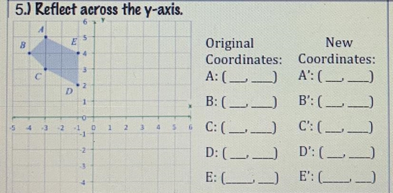 5.) Reflect across the y-axis.8OriginalNewCoordinates: Coordinates:A: (C) A: (__)B-example-1