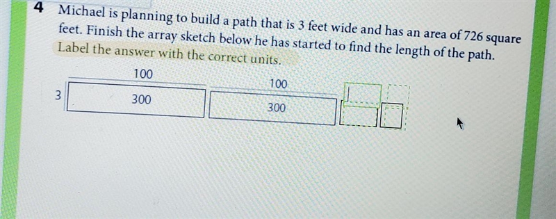 Michael is planning to build a path that is 3 feet wide and has an area of 726 square-example-1