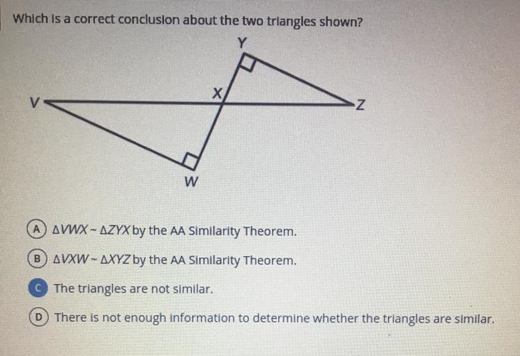 Which is a correct conclusion about the two triangles? 8th grade-example-1