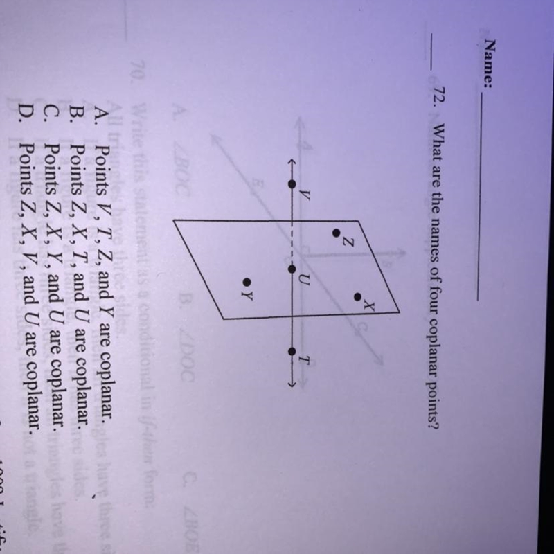 72. What are the names of four coplanar points?U.YA. Points V, T, Z, and Y are coplanar-example-1