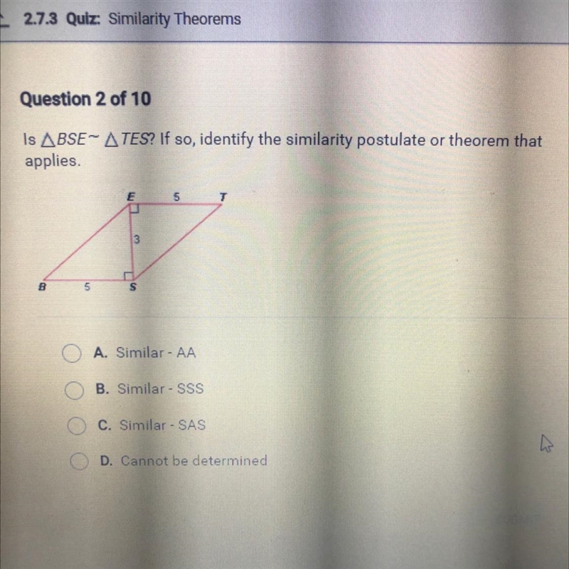 Is ABSE- ATES? If so, identify the similarity postulate or theorem that applies.-example-1