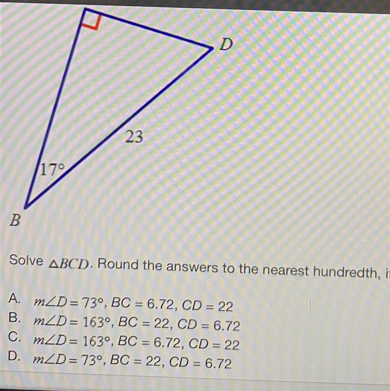 Solve ABCD. Round the answers to the nearest hundredth, if necessary. A. m/D=73°, BC-example-1