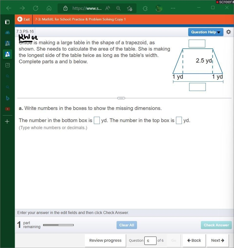 Khloe is making a large table in the shape of a trapezoid, as shown. She needs to-example-1