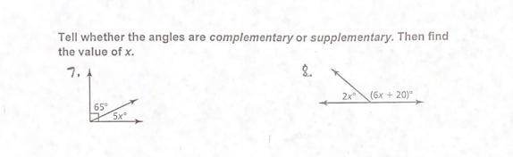 Tell whether the angles are complementary or supplementary. Then find the value of-example-1