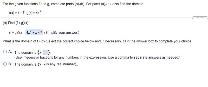 For the given functions f and g, complete parts (a)-(h). For parts (a)-(d), also find-example-1