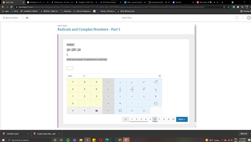 Multiply.6√⋅11−−√⋅5√ Enter your answer, in radical form, in the box.-example-1