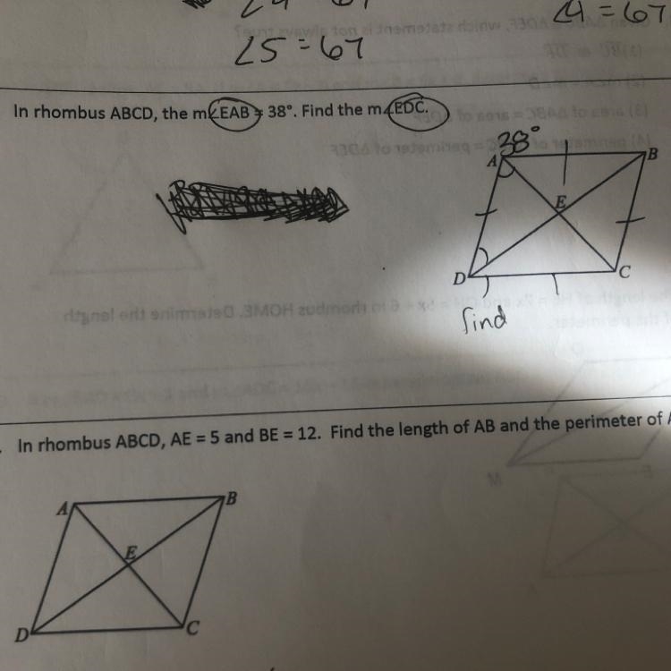 In rhombus ABCD, the m of angle 3838°. Find the m of angle EDC. (#2)-example-1