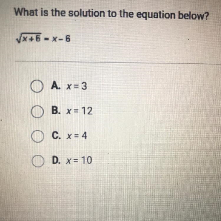 What is the solution to the equation below. square root x + 6 = x - 6-example-1