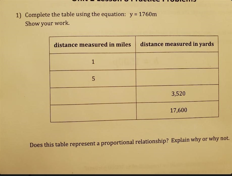 1) Complete the table using the equation: y = 1760m Show your work. distance measured-example-1