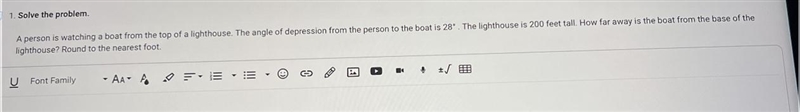 1. Solve the problem.A person is watching a boat from the top of a lighthouse. The-example-1