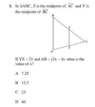 In ΔABC, Z is the midpoint of AC and Y is the midpoint of BC. If YZ = 21 and AB = (2x-example-1