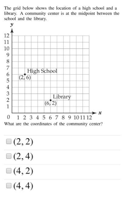 The grid below shows the location of a high school and a library. A community center-example-1