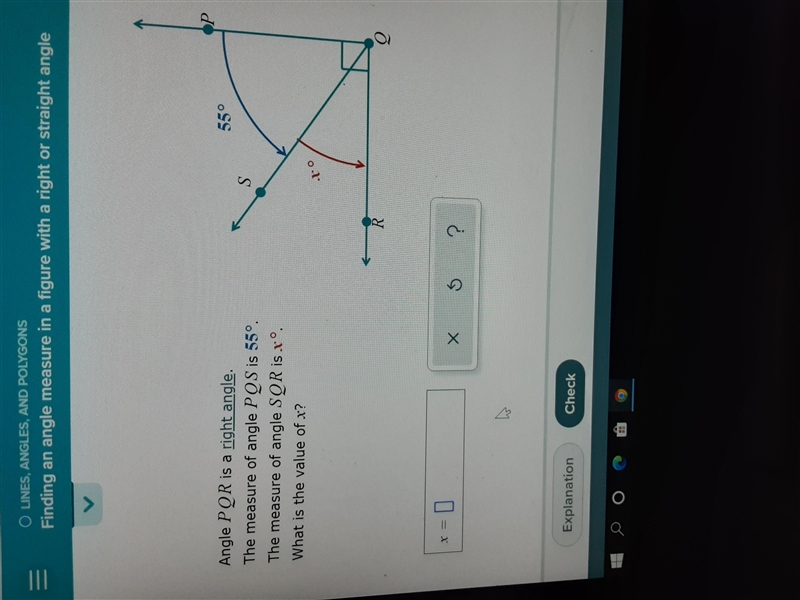 Finding an angle measure in a figure of a right or straight angle-example-1