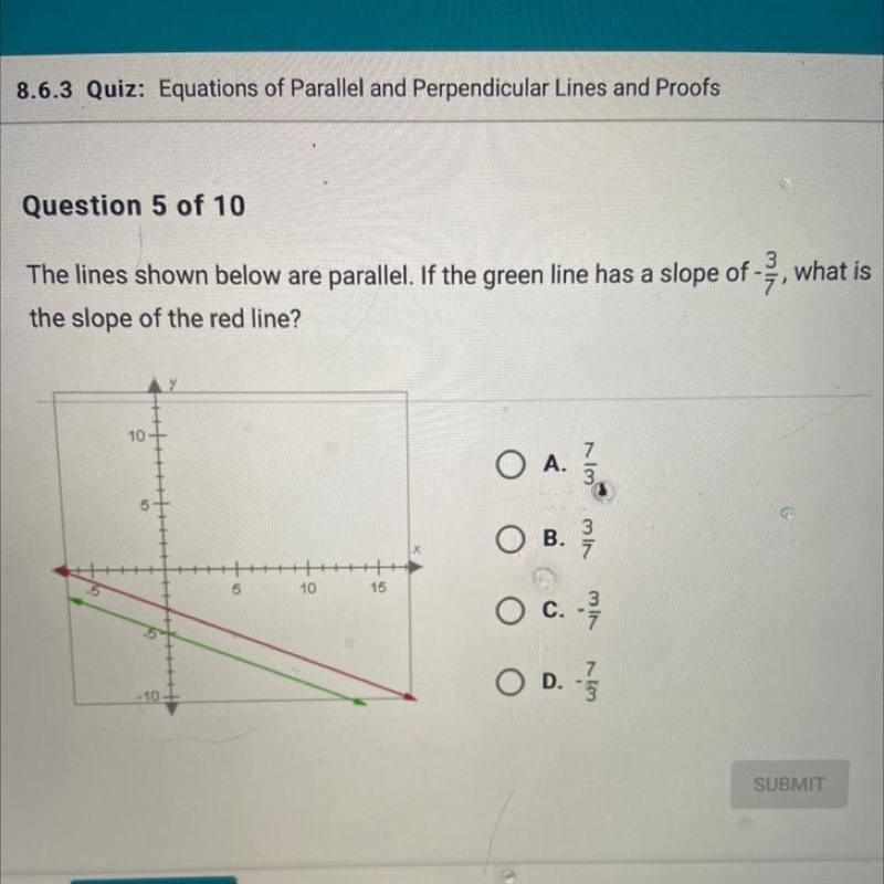 The lines shown below are parallel. If the green line has a slope of -2, what isthe-example-1