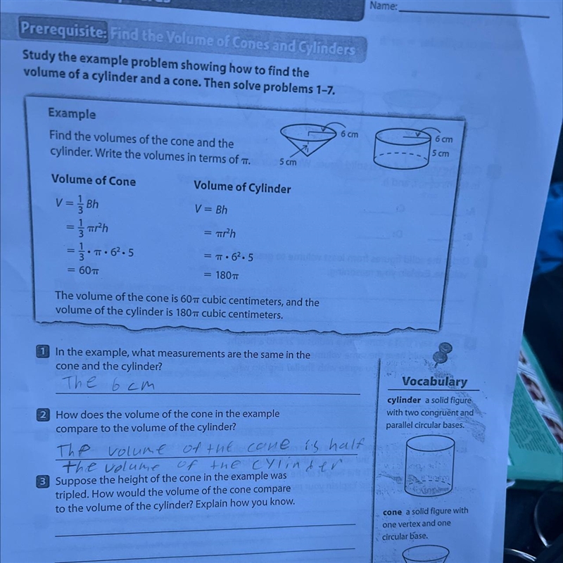 Suppose the height of the cone in the example was tripled. How would the volume of-example-1