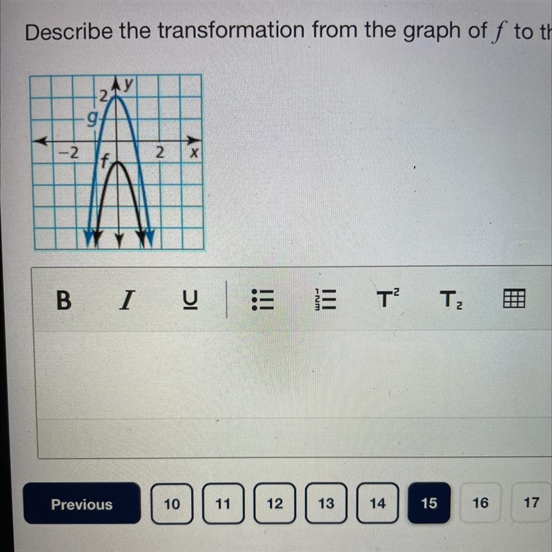 Describe the transformation from the graph off to the graph of g. PLEASE HELP!-example-1