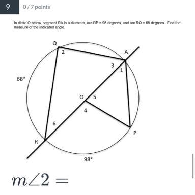 In circle O below, segment RA is a diameter, arc RP = 98 degrees, and arc RQ = 68 degrees-example-1