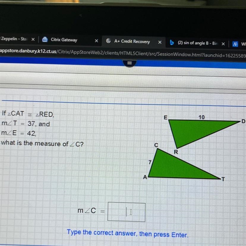 If CAT = RED, mT 37, and mE = 42, what is the measure of C?-example-1