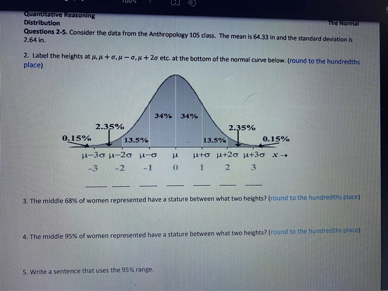 Consider the data from the Anthropology 105 class. The mean is 64.33 in and the standard-example-1