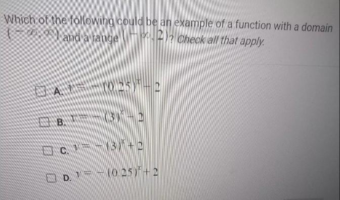 Which of the following could be an example of a function with a domain (-0,) and a-example-1