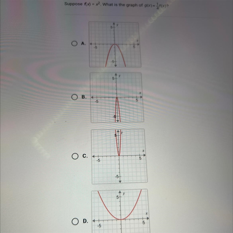 Plsss help Suppose f(x) = x2. What is the graph of g(x)=(x)? O A. H -5 у 5 B. int-example-1