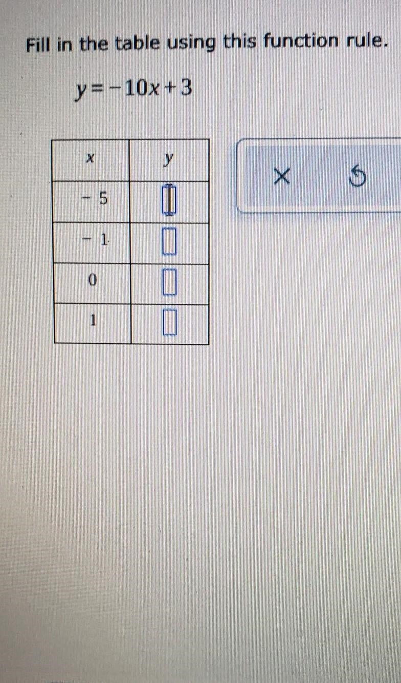 Fill in the table using this function rule. y = -10x +3 y X 6 ? 1 0 a 1-example-1