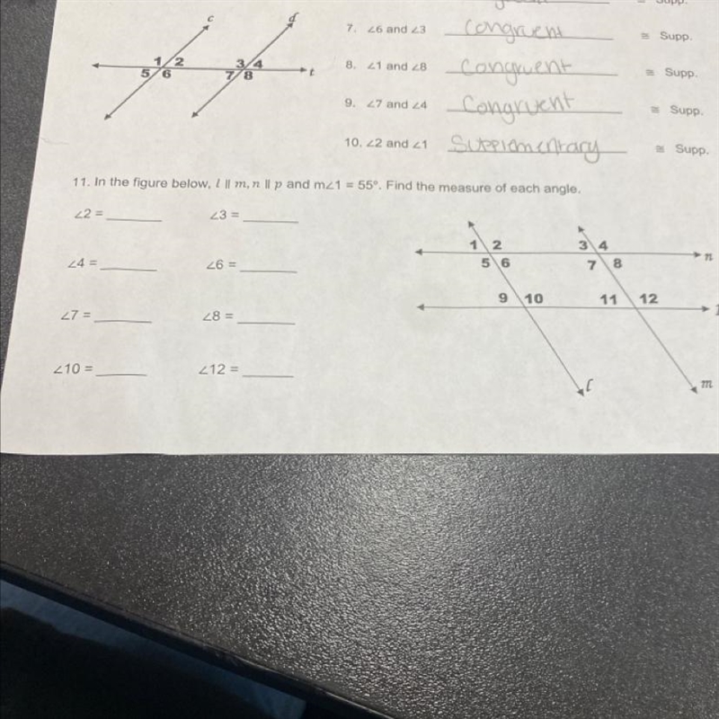 10. 22 and 21SupplementarySupp.11. In the figure below, l || m, n || p and m1 = 55°. Find-example-1