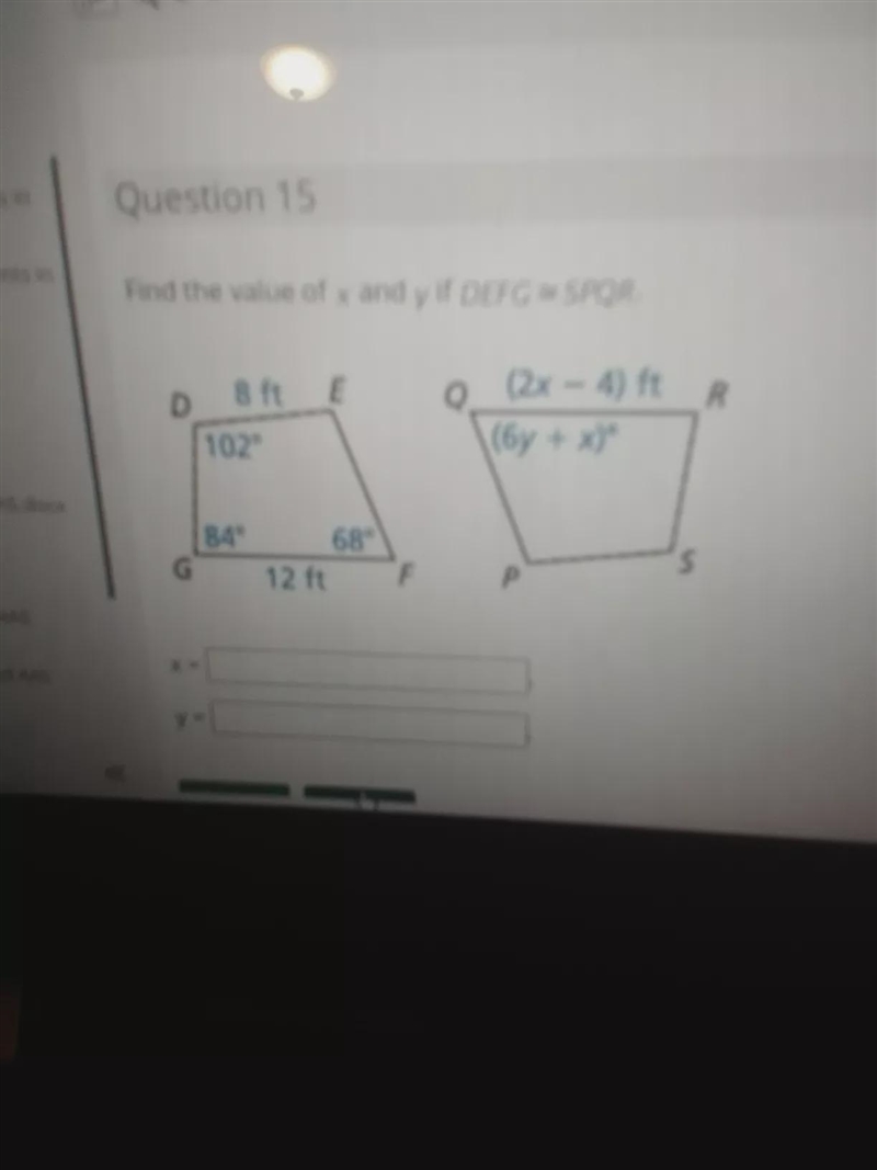 Find the value of x and y if DEFG is congruent to SPQR-example-1