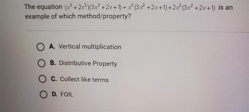 The equation (x³ + 2x²)(3x² + 2x + 1) = x^3(3x²+2x+1)+2x² (3x²+2x+1) is an example-example-1